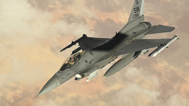 A U.S. Air Force F-16 Fighting Falcon assigned to the 77th Expeditionary Fighter Squadron flies 
within the U.S. Central Command Area of responsibility, March 20, 2023. F-16 aircraft are 
deployed to the CENTCOM AOR to deter adversaries, provide combat airpower and ensure 
regional security. (U.S. Air Force photo by Tech. Sgt. Daniel Asselta)