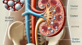 Berikut adalah ilustrasi tentang batu ginjal, menunjukkan anatomi ginjal dengan bagian yang memperlihatkan pembentukan batu ginjal di pelvis ginjal dan ureter. Gambar ini berguna untuk penjelasan medis.