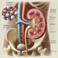 Berikut adalah ilustrasi tentang batu ginjal, menunjukkan anatomi ginjal dengan bagian yang memperlihatkan pembentukan batu ginjal di pelvis ginjal dan ureter. Gambar ini berguna untuk penjelasan medis.