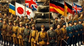 Ini adalah ilustrasi yang menunjukkan negara-negara peserta dalam Perang Dunia II dengan bendera dan pasukan militer mereka masing-masing. Gambar ini menampilkan pasukan dari berbagai negara seperti Amerika Serikat, Uni Soviet, Inggris, Jerman, Jepang, dan Italia.