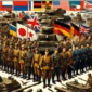 Ini adalah ilustrasi yang menunjukkan negara-negara peserta dalam Perang Dunia II dengan bendera dan pasukan militer mereka masing-masing. Gambar ini menampilkan pasukan dari berbagai negara seperti Amerika Serikat, Uni Soviet, Inggris, Jerman, Jepang, dan Italia.