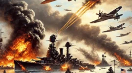 ilustrasi serangan Pearl Harbor, menggambarkan kekacauan di pangkalan angkatan laut dengan pesawat-pesawat tempur Jepang menyerang, ledakan, dan kapal-kapal Amerika yang terbakar.
