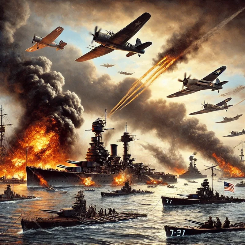 ilustrasi serangan Pearl Harbor, menggambarkan kekacauan di pangkalan angkatan laut dengan pesawat-pesawat tempur Jepang menyerang, ledakan, dan kapal-kapal Amerika yang terbakar.
